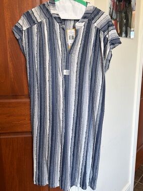 Casual Blue & White Striped Midi Dress